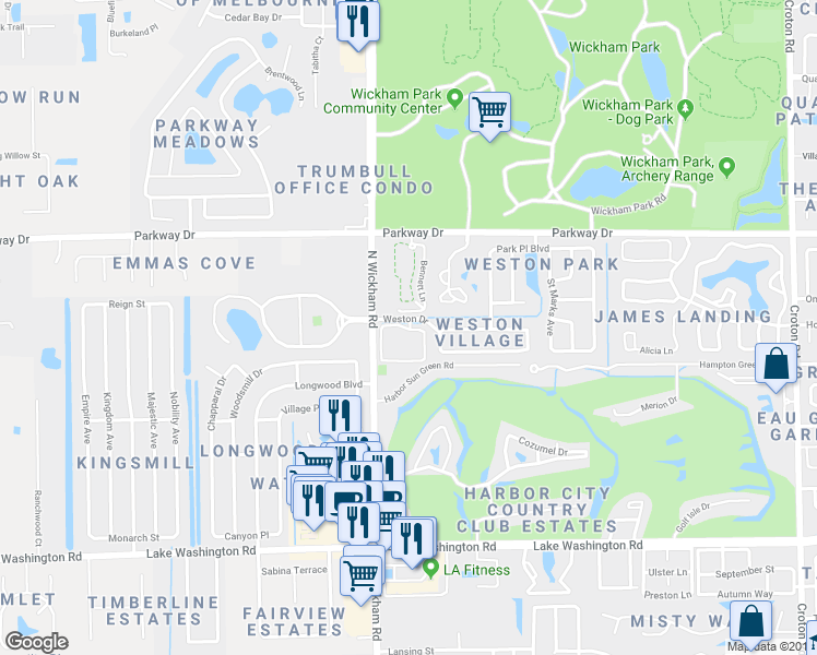 map of restaurants, bars, coffee shops, grocery stores, and more near Kemblewick Drive in Melbourne