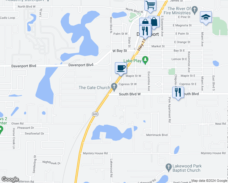 map of restaurants, bars, coffee shops, grocery stores, and more near 92 U.S. 17 in Davenport