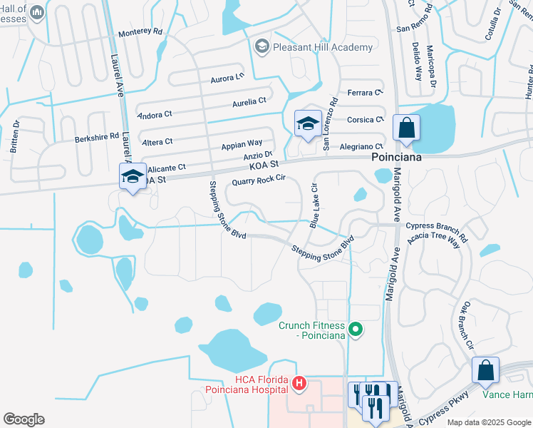map of restaurants, bars, coffee shops, grocery stores, and more near 410 Quarry Rock Circle in Kissimmee