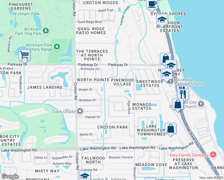 map of restaurants, bars, coffee shops, grocery stores, and more near 1739 Bluebird Court in Melbourne