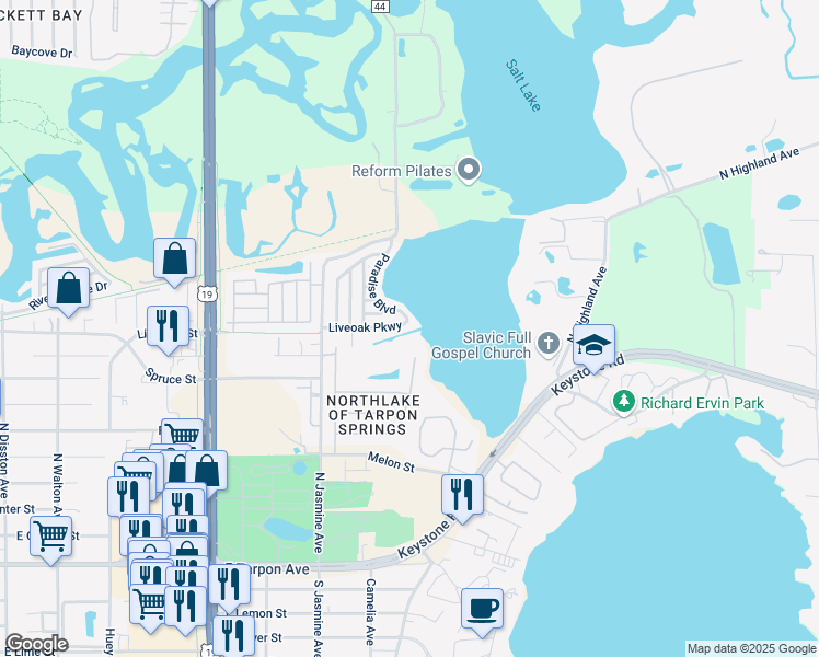 map of restaurants, bars, coffee shops, grocery stores, and more near 804 Paradise Boulevard in Tarpon Springs