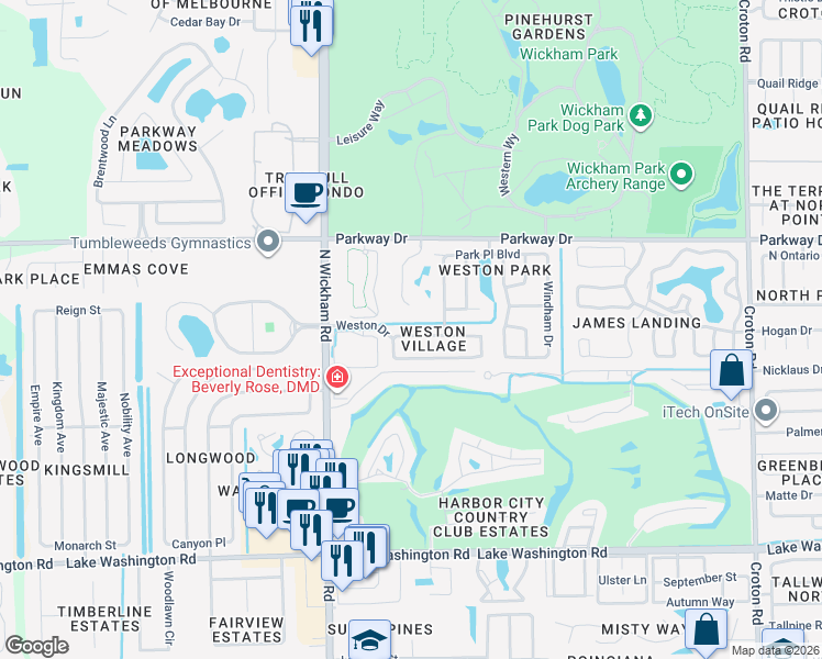 map of restaurants, bars, coffee shops, grocery stores, and more near 2943 Park Village Way in Melbourne