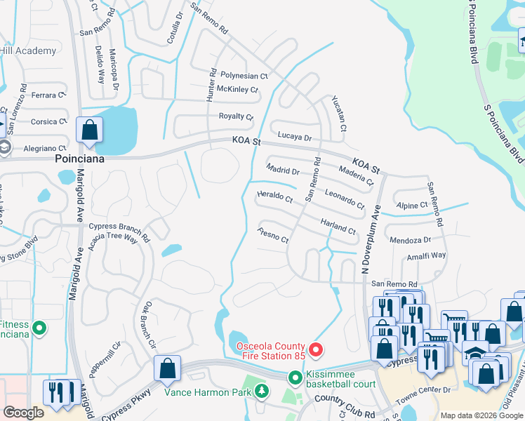 map of restaurants, bars, coffee shops, grocery stores, and more near 630 Heraldo Court in Kissimmee