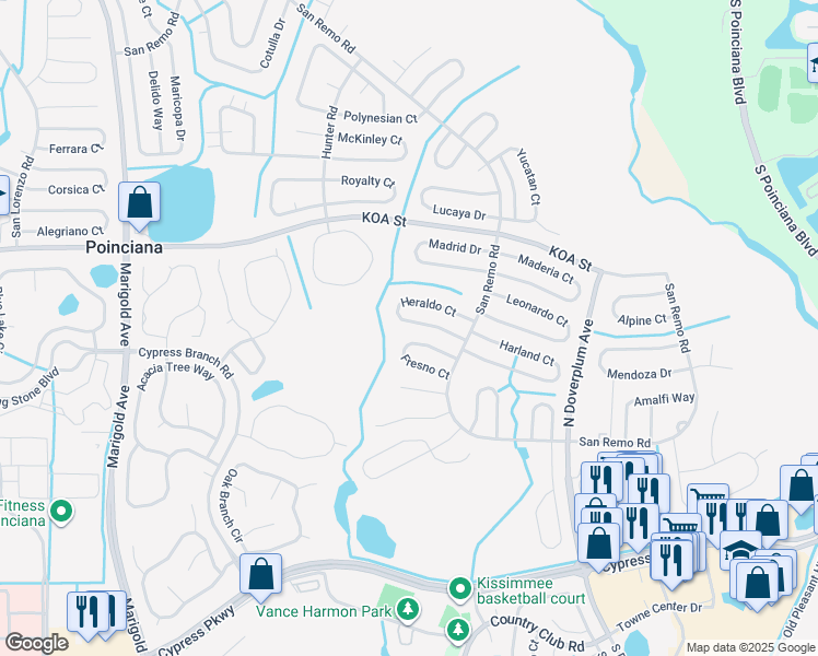 map of restaurants, bars, coffee shops, grocery stores, and more near 630 Heraldo Court in Kissimmee
