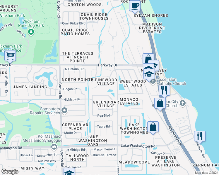 map of restaurants, bars, coffee shops, grocery stores, and more near 2975 Thrush Drive in Melbourne
