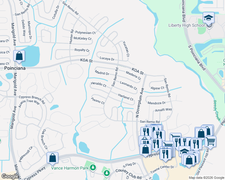 map of restaurants, bars, coffee shops, grocery stores, and more near 682 Heraldo Court in Poinciana