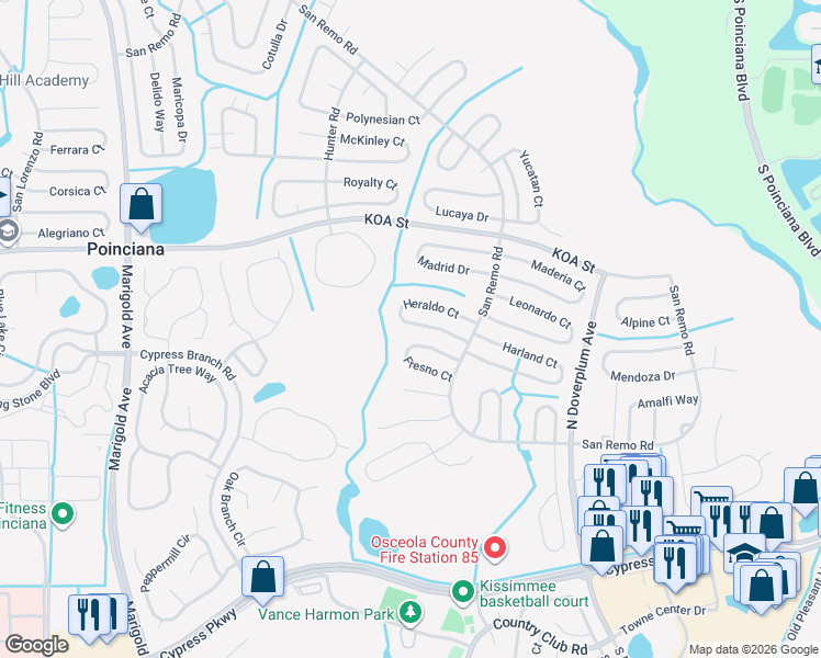 map of restaurants, bars, coffee shops, grocery stores, and more near 630 Heraldo Court in Kissimmee