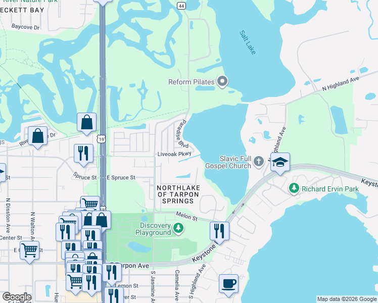map of restaurants, bars, coffee shops, grocery stores, and more near 804 Paradise Boulevard in Tarpon Springs