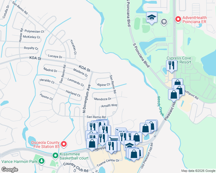 map of restaurants, bars, coffee shops, grocery stores, and more near 806 Alpine Court in Kissimmee