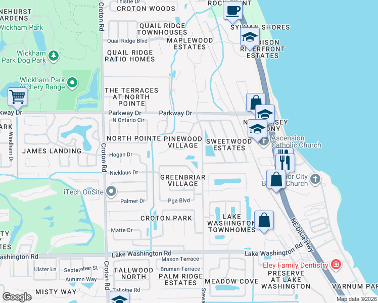map of restaurants, bars, coffee shops, grocery stores, and more near 2975 Thrush Drive in Melbourne