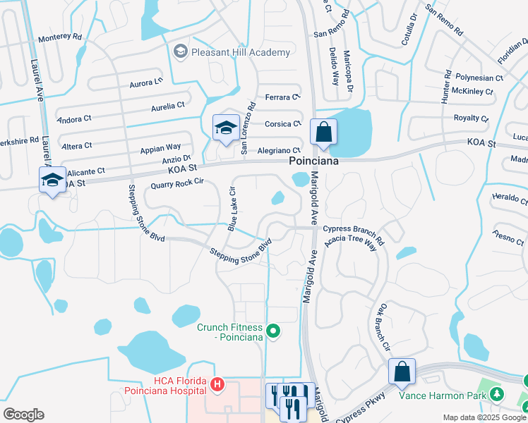 map of restaurants, bars, coffee shops, grocery stores, and more near 401 Blue Lake Circle in Kissimmee