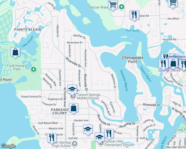 map of restaurants, bars, coffee shops, grocery stores, and more near 764 West Bayshore Drive in Tarpon Springs