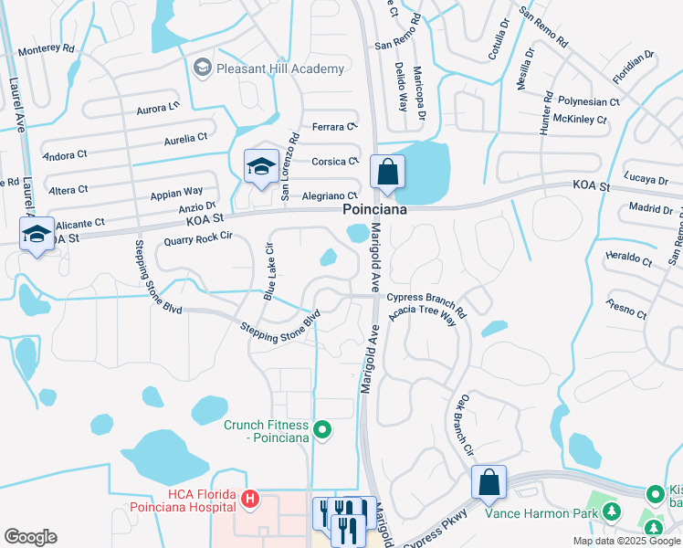 map of restaurants, bars, coffee shops, grocery stores, and more near 389 Blue Lake Circle in Kissimmee