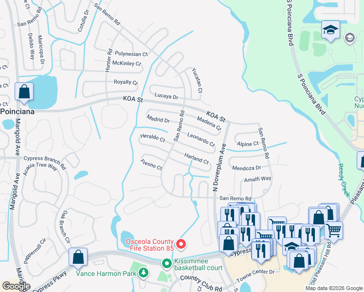 map of restaurants, bars, coffee shops, grocery stores, and more near 707 Leonardo Court in Kissimmee