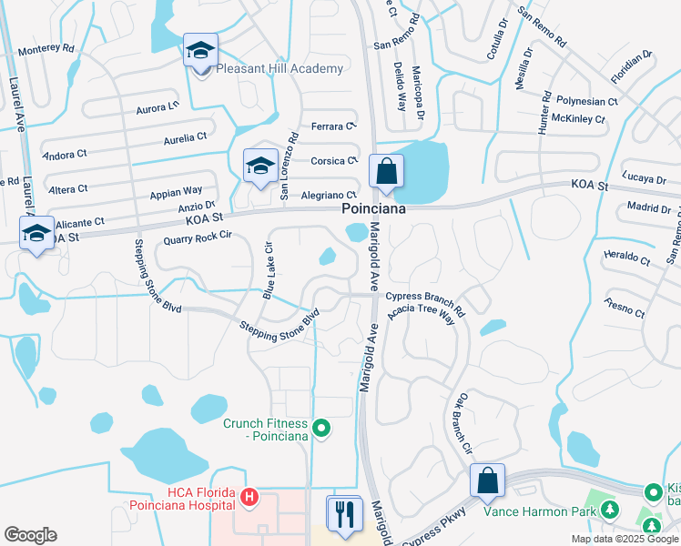 map of restaurants, bars, coffee shops, grocery stores, and more near 389 Blue Lake Circle in Kissimmee