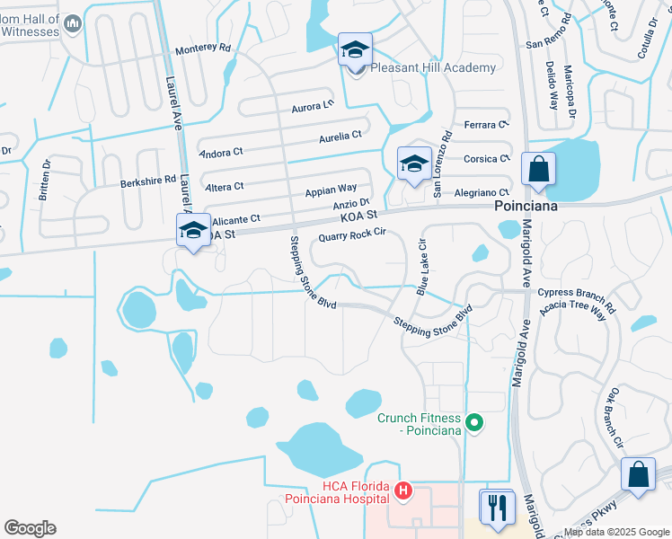 map of restaurants, bars, coffee shops, grocery stores, and more near 410 Quarry Rock Circle in Kissimmee