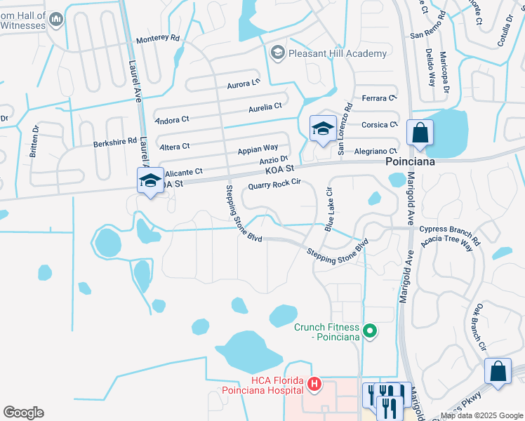 map of restaurants, bars, coffee shops, grocery stores, and more near 410 Quarry Rock Circle in Kissimmee