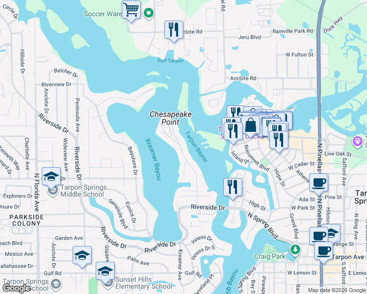 map of restaurants, bars, coffee shops, grocery stores, and more near 776 Chesapeake Drive in Tarpon Springs