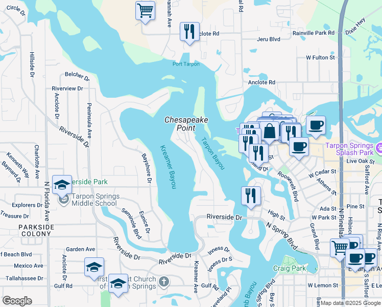 map of restaurants, bars, coffee shops, grocery stores, and more near 767 Chesapeake Drive in Tarpon Springs