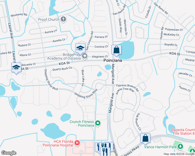 map of restaurants, bars, coffee shops, grocery stores, and more near 401 Blue Lake Circle in Kissimmee