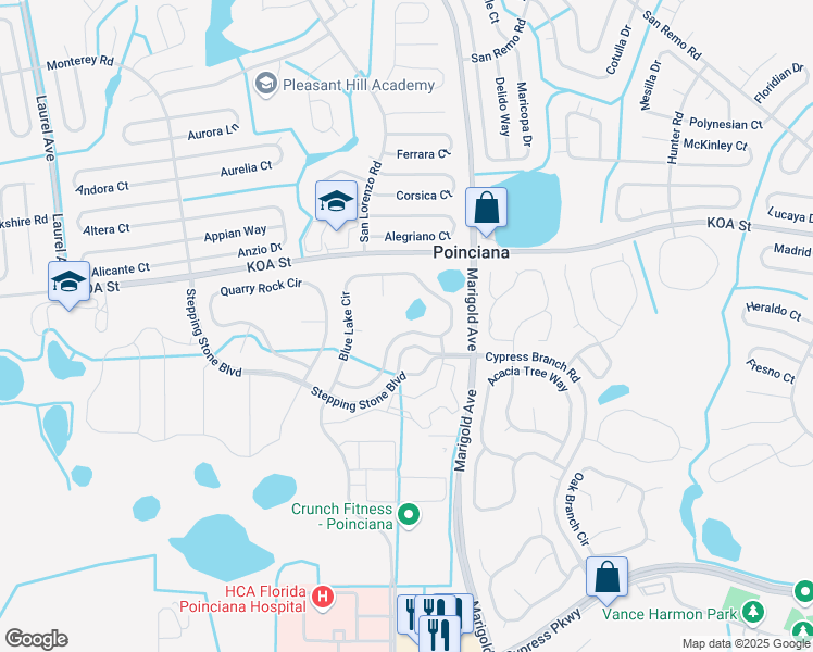 map of restaurants, bars, coffee shops, grocery stores, and more near 401 Blue Lake Circle in Kissimmee