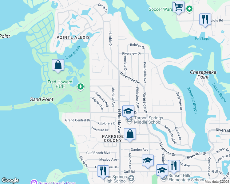 map of restaurants, bars, coffee shops, grocery stores, and more near 712 Charlotte Avenue in Tarpon Springs