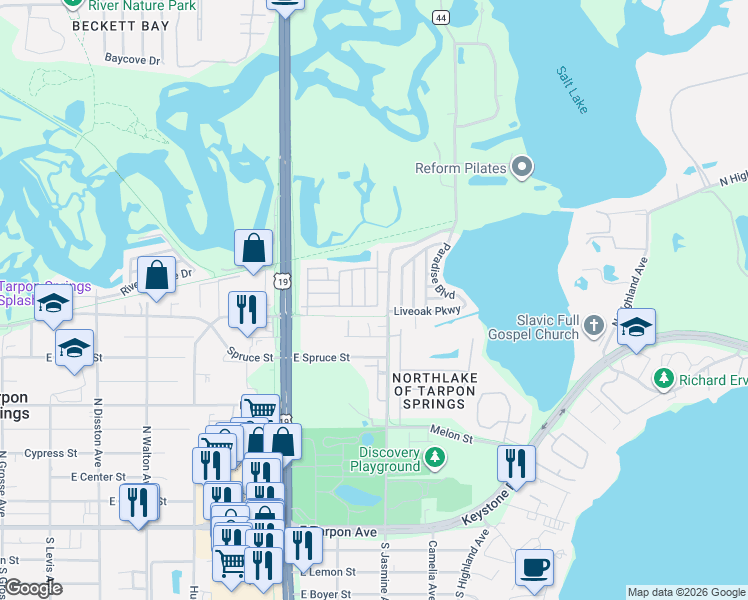 map of restaurants, bars, coffee shops, grocery stores, and more near 810 Mallard Lane in Tarpon Springs