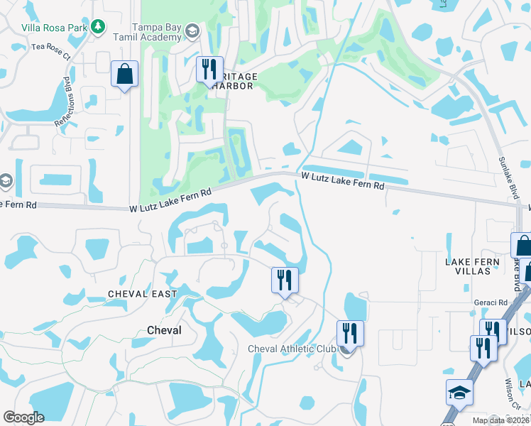 map of restaurants, bars, coffee shops, grocery stores, and more near 19106 Avenue Bayonnes in Lutz