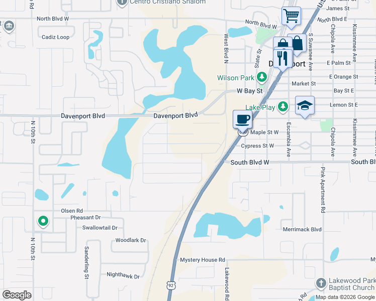 map of restaurants, bars, coffee shops, grocery stores, and more near 535 Davenport Boulevard in Davenport