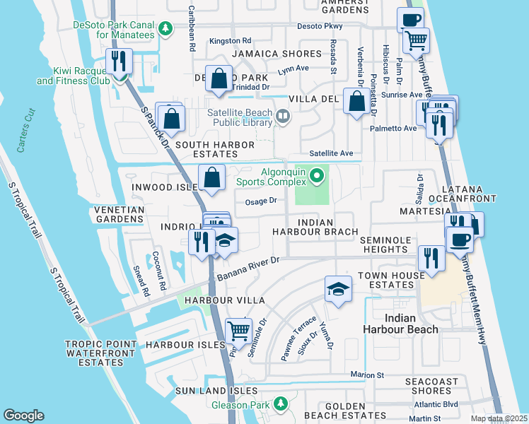 map of restaurants, bars, coffee shops, grocery stores, and more near 208 Timpoochee Drive in Satellite Beach
