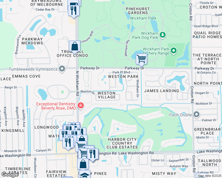 map of restaurants, bars, coffee shops, grocery stores, and more near 2668 Lowell Circle in Melbourne