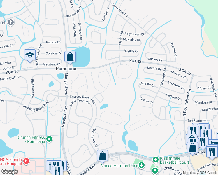 map of restaurants, bars, coffee shops, grocery stores, and more near 4515 Ficus Tree Road in Kissimmee