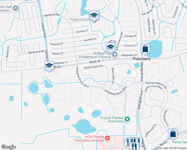 map of restaurants, bars, coffee shops, grocery stores, and more near 350 Ashlar Court in Poinciana