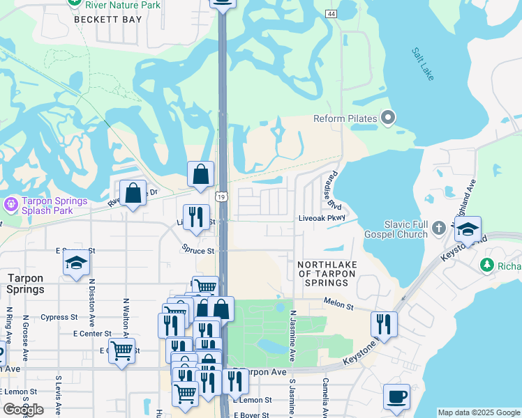 map of restaurants, bars, coffee shops, grocery stores, and more near 1044 Swan Lane in Tarpon Springs