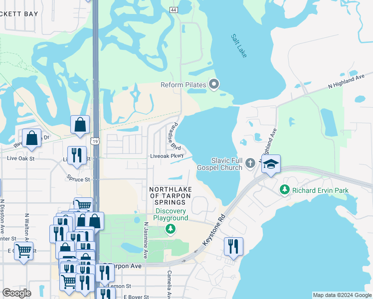 map of restaurants, bars, coffee shops, grocery stores, and more near 804 Paradise Boulevard in Tarpon Springs