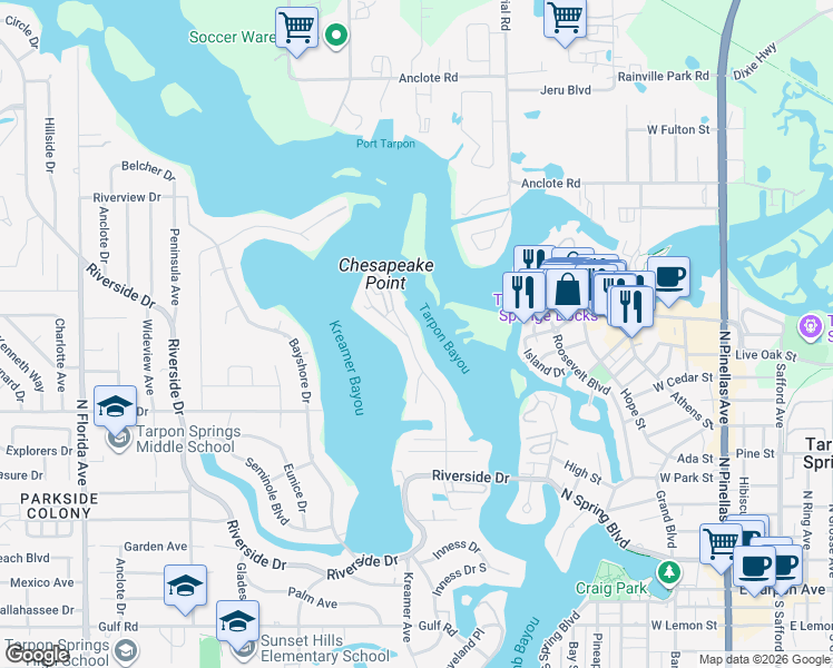 map of restaurants, bars, coffee shops, grocery stores, and more near 776 Chesapeake Drive in Tarpon Springs