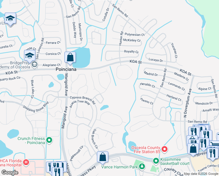map of restaurants, bars, coffee shops, grocery stores, and more near 4515 Ficus Tree Road in Kissimmee