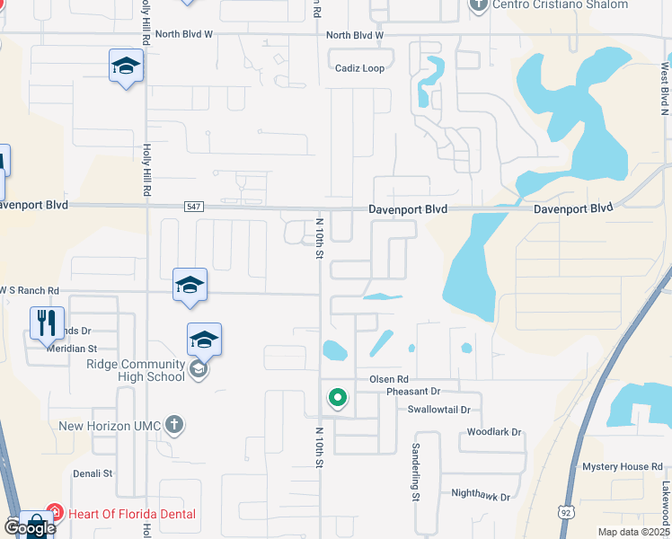 map of restaurants, bars, coffee shops, grocery stores, and more near 225 Highland Meadows Avenue in Davenport