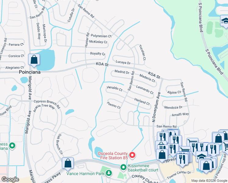 map of restaurants, bars, coffee shops, grocery stores, and more near 615 Heraldo Court in Kissimmee