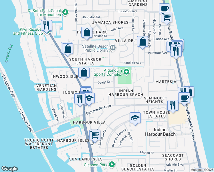map of restaurants, bars, coffee shops, grocery stores, and more near 206 Timpoochee Drive in Satellite Beach