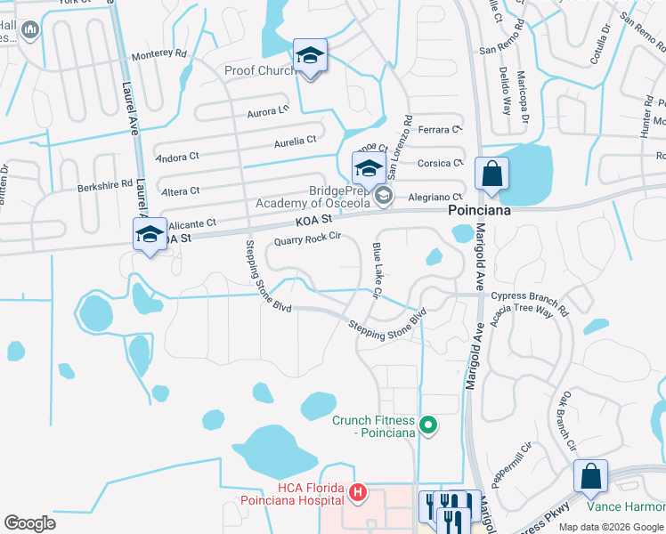 map of restaurants, bars, coffee shops, grocery stores, and more near 350 Ashlar Court in Poinciana