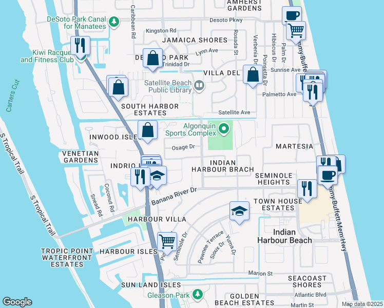 map of restaurants, bars, coffee shops, grocery stores, and more near 206 Timpoochee Drive in Satellite Beach