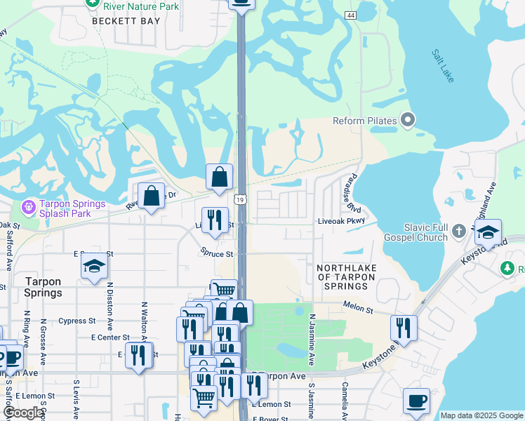 map of restaurants, bars, coffee shops, grocery stores, and more near 1044 Swan Lane in Tarpon Springs
