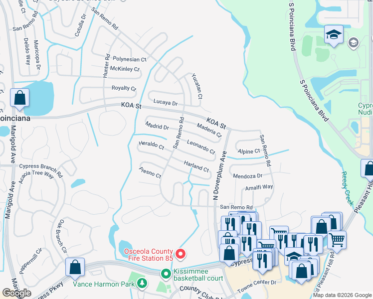 map of restaurants, bars, coffee shops, grocery stores, and more near 707 Leonardo Court in Kissimmee