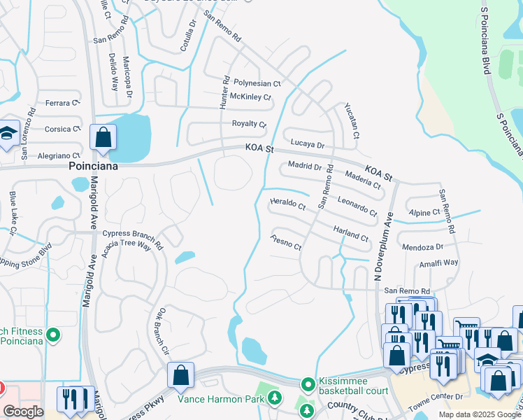 map of restaurants, bars, coffee shops, grocery stores, and more near 630 Heraldo Court in Kissimmee
