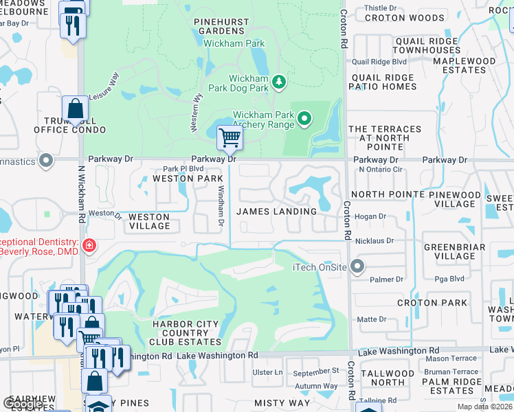 map of restaurants, bars, coffee shops, grocery stores, and more near 2492 Coral Ridge Circle in Melbourne