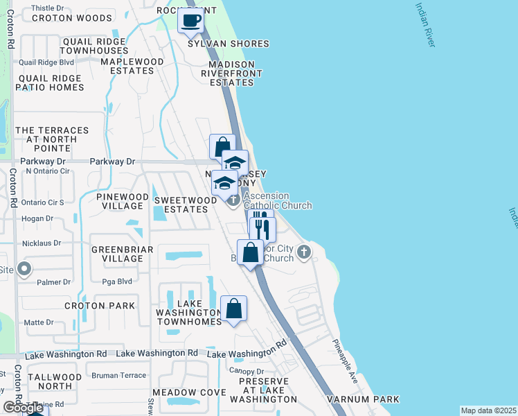 map of restaurants, bars, coffee shops, grocery stores, and more near 2960 Pineapple Avenue in Melbourne