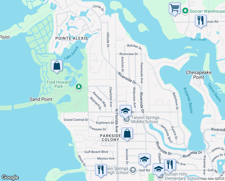 map of restaurants, bars, coffee shops, grocery stores, and more near 712 Charlotte Avenue in Tarpon Springs