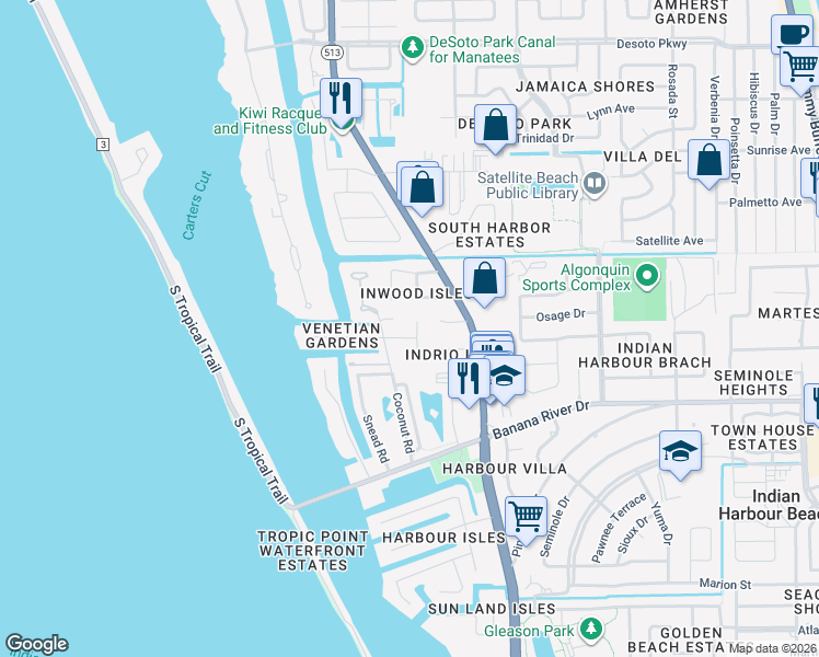 map of restaurants, bars, coffee shops, grocery stores, and more near 65 Venetian Way in Indian Harbour Beach