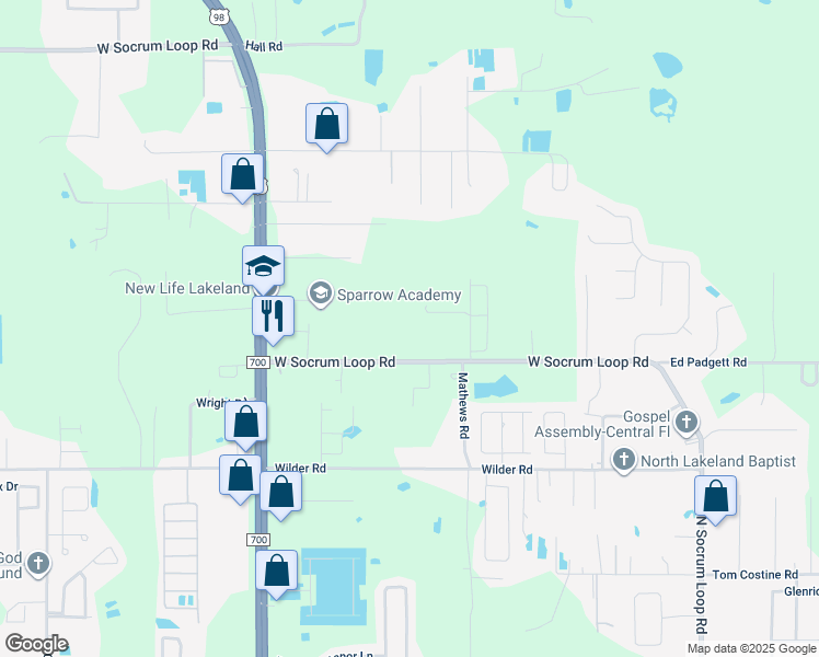 map of restaurants, bars, coffee shops, grocery stores, and more near 721 West Socrum Loop Road in Lakeland